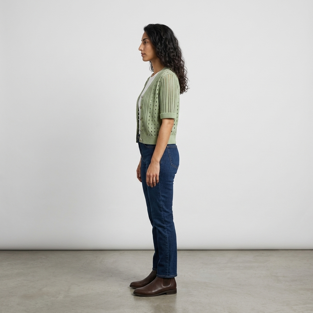 Side profile of sage green open knit cardigan showing cropped waist length