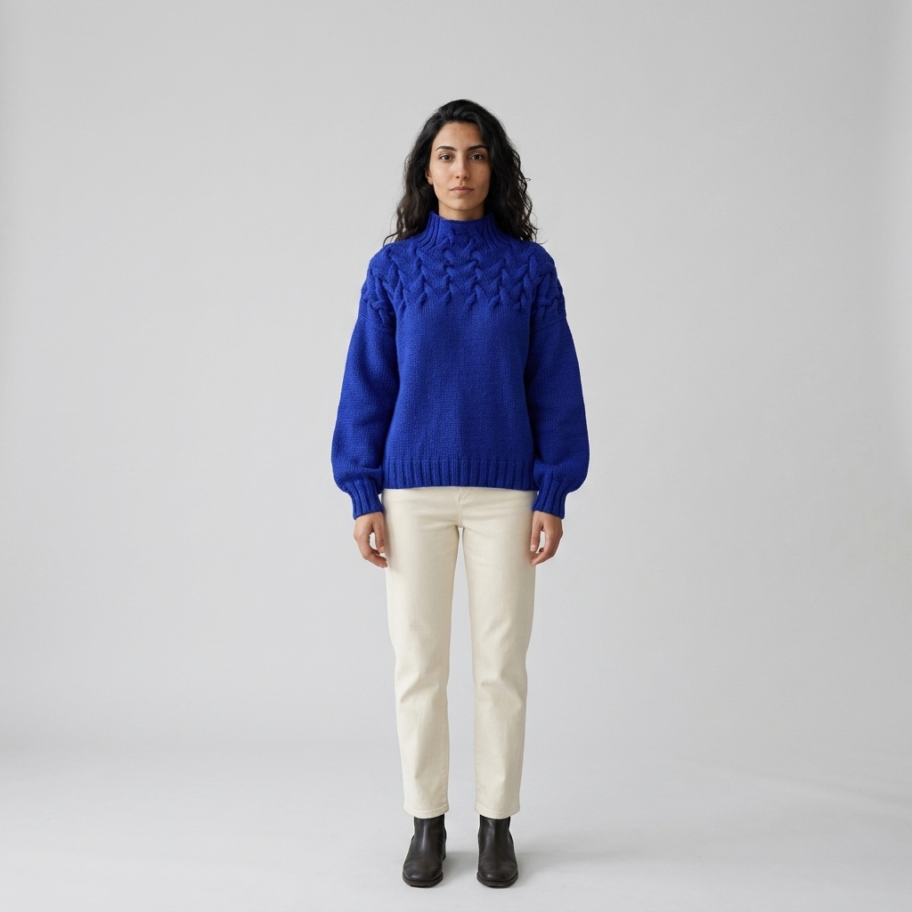 Model wearing cobalt blue cable knit jumper, front view, high mock neck and yoke cables