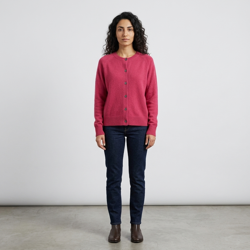 Model wearing raspberry pink knitted cardigan, front view, crew neck and raglan sleeves