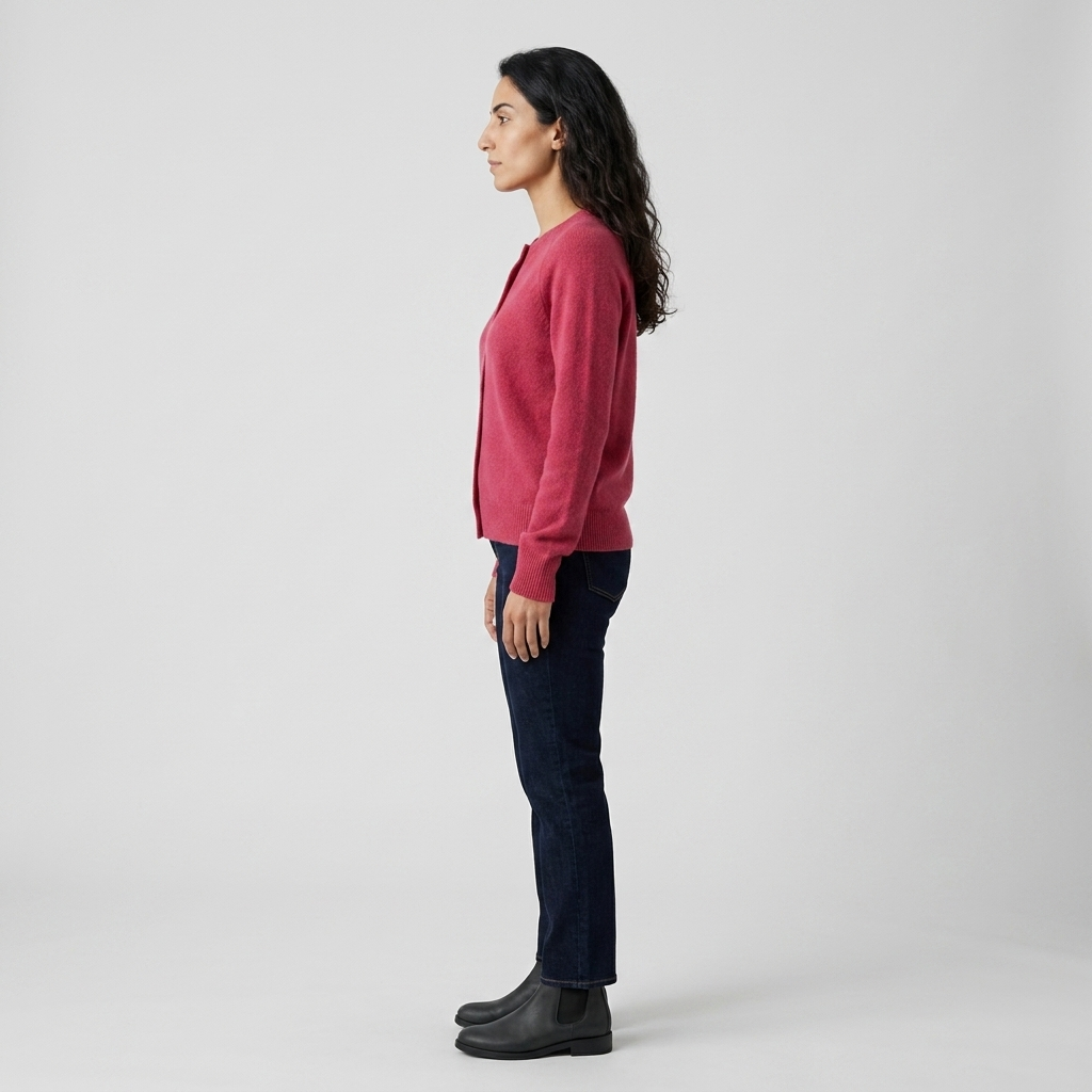 Side profile of raspberry pink cardigan showing raglan seam and ribbed hem