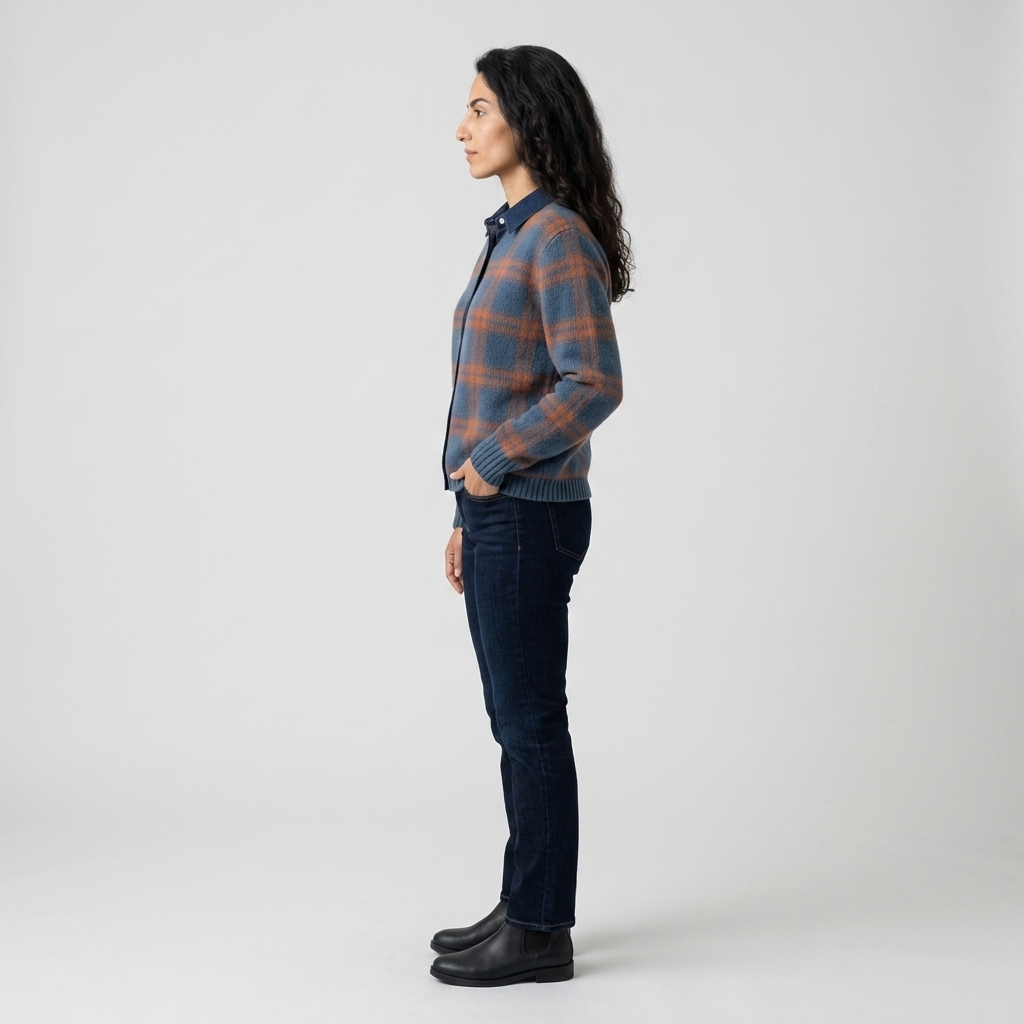 Side profile of checked knit cardigan showing ribbed cuffs and dropped shoulder