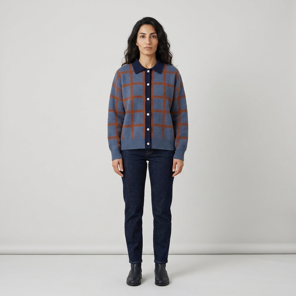 Model wearing blue and rust check knitted shirt cardigan, front view with navy placket