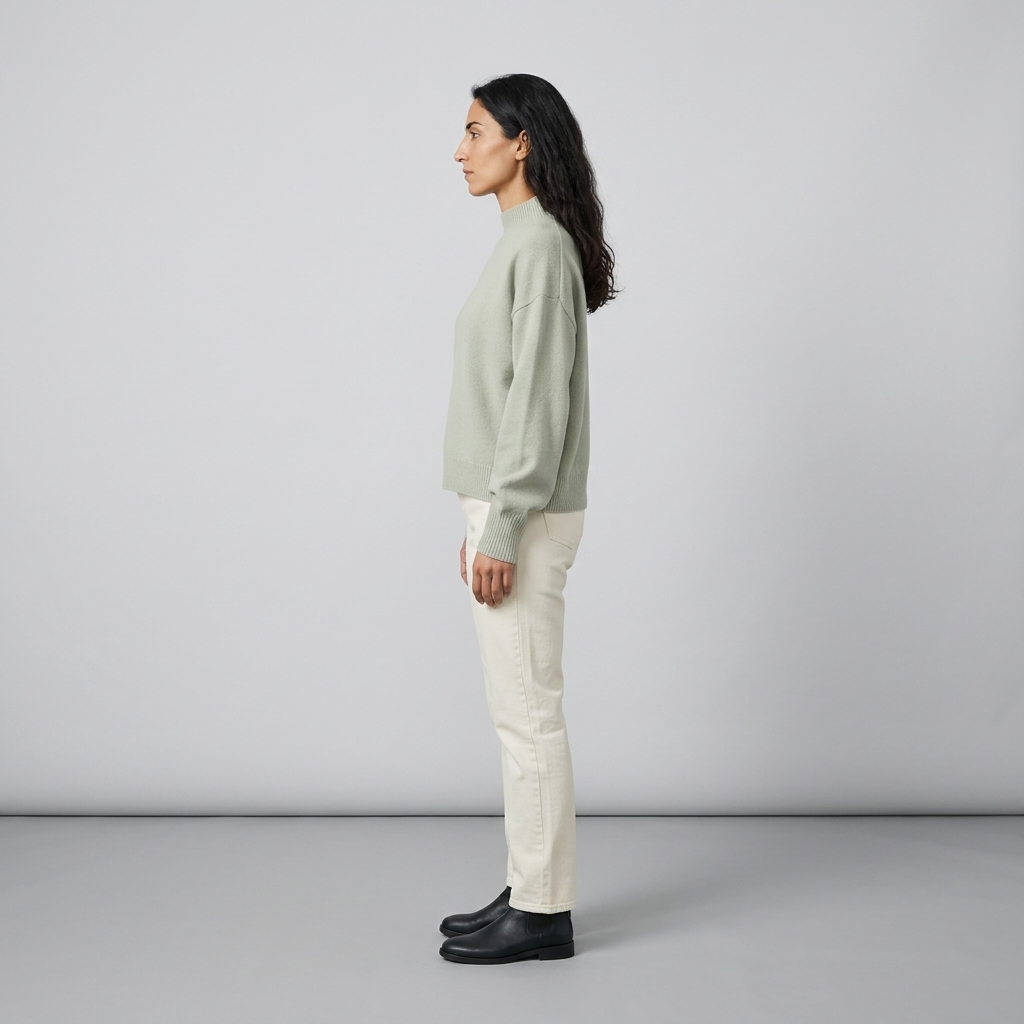 Side profile of sage green knitted jumper showing ribbed cuffs and relaxed fit