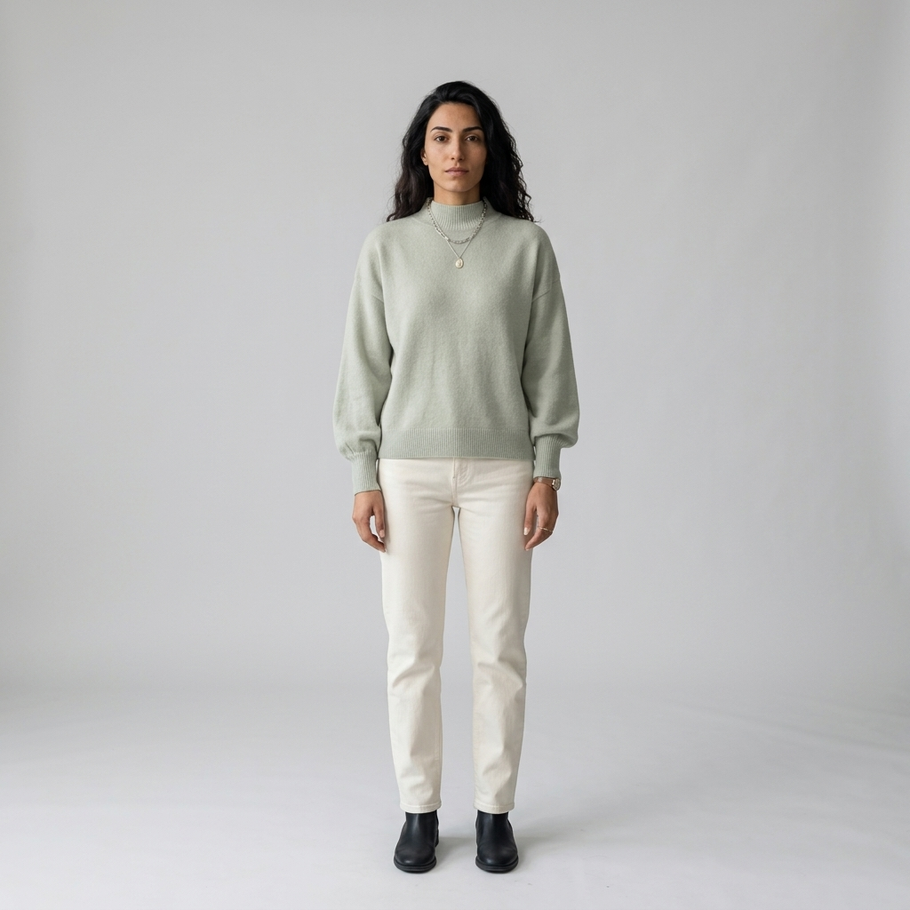 Model wearing pale sage green funnel neck jumper, front view, dropped shoulder