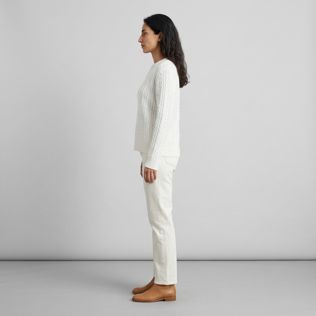 Woman wearing a white cable knit crew neck jumper, side view
