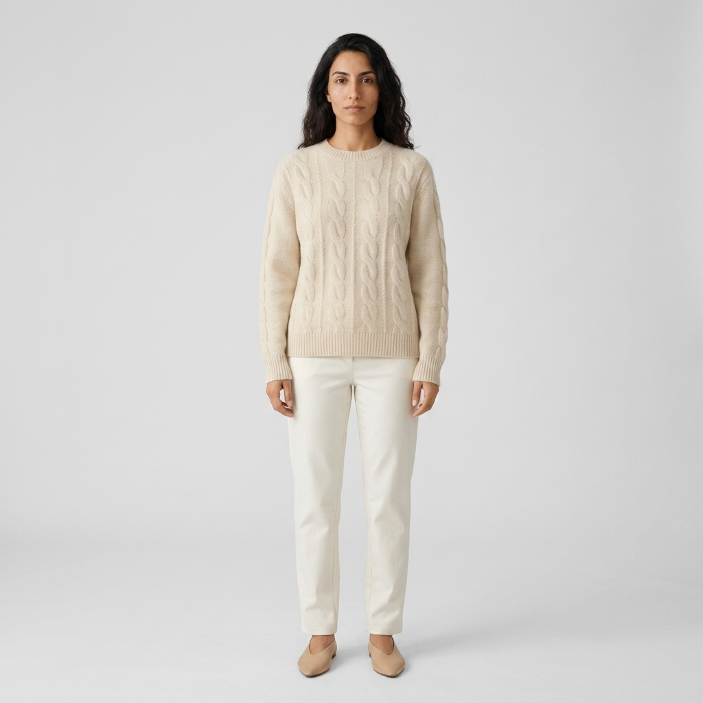 Woman wearing a cream cable knit jumper with a ribbed crew neck and cream trousers, front view