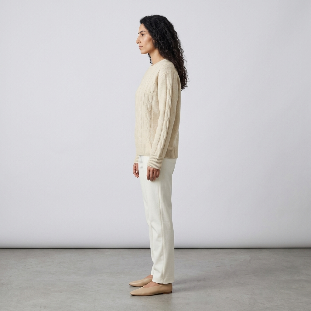 Woman wearing a cream cable knit jumper with a ribbed crew neck, side view