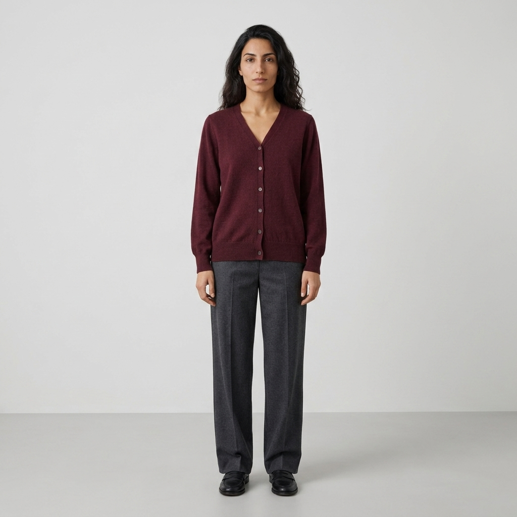 Woman wearing a burgundy fine knit V-neck button-front cardigan with grey trousers, front view