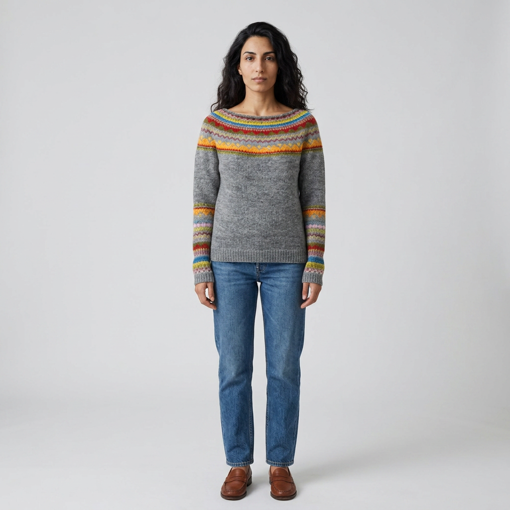 Woman wearing a grey Fair Isle jumper with a multicoloured Nordic yoke and blue jeans, front view