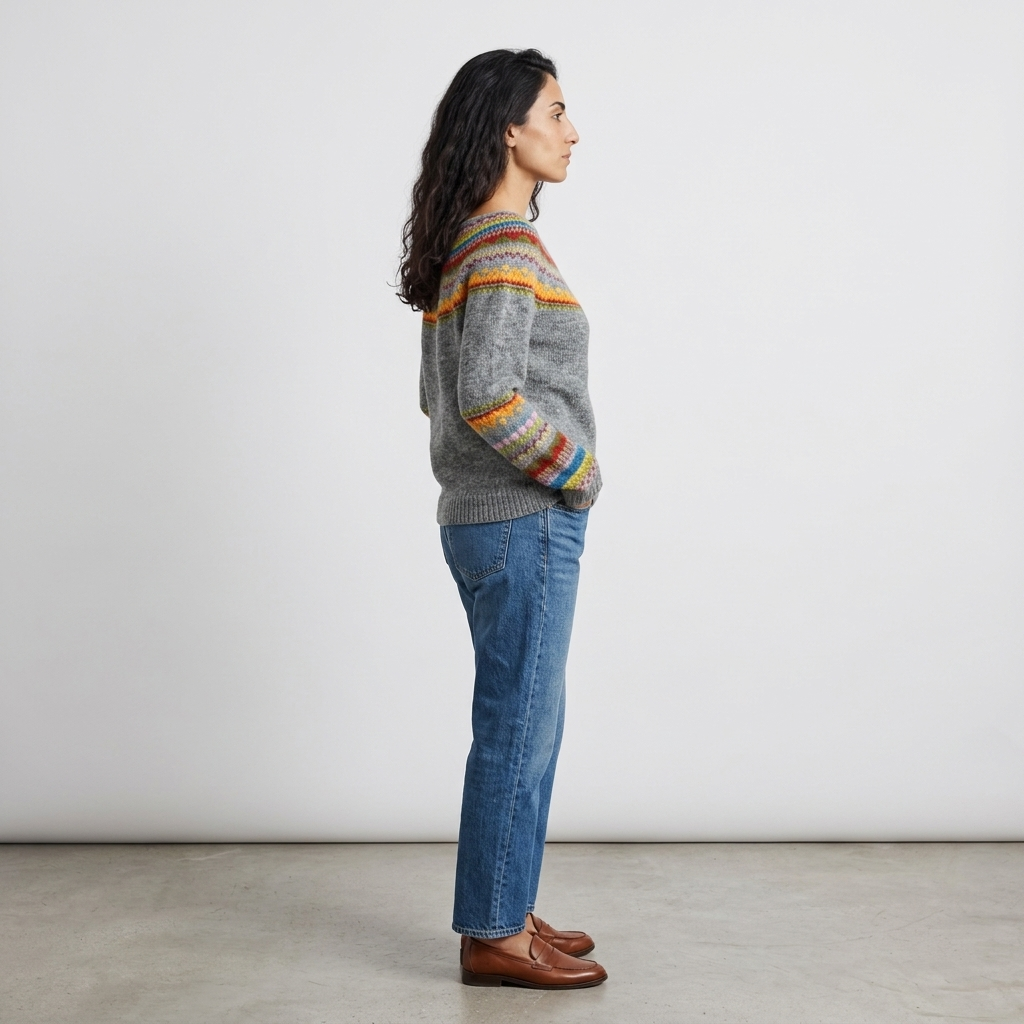 Woman wearing a grey Fair Isle jumper with a multicoloured Nordic yoke, side view