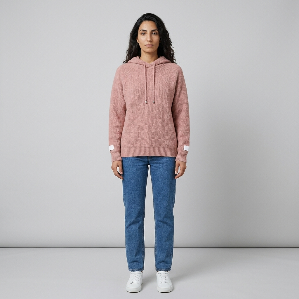 Woman wearing a dusty pink textured knit hooded sweater with drawstring and blue jeans, front view