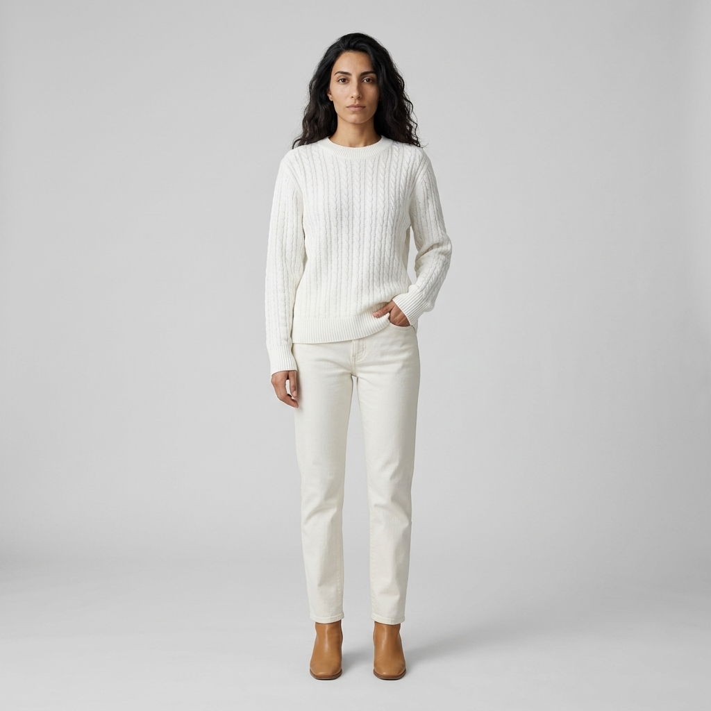 Woman wearing a white cable knit crew neck jumper with off-white jeans, front view