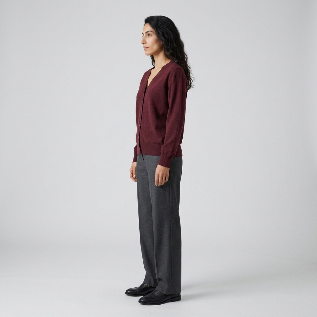 Woman wearing a burgundy fine knit V-neck button-front cardigan, side view