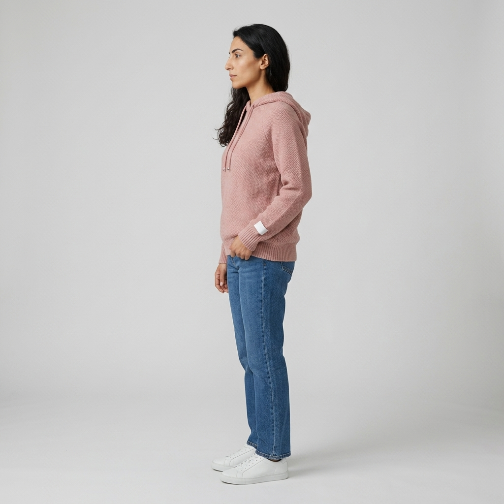 Woman wearing a dusty pink textured knit hooded sweater with drawstring, side view