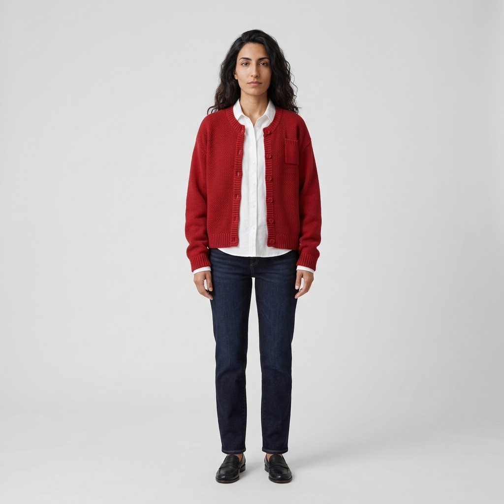 Woman wearing a red chunky knit button-front cardigan over a white shirt with dark jeans, front view