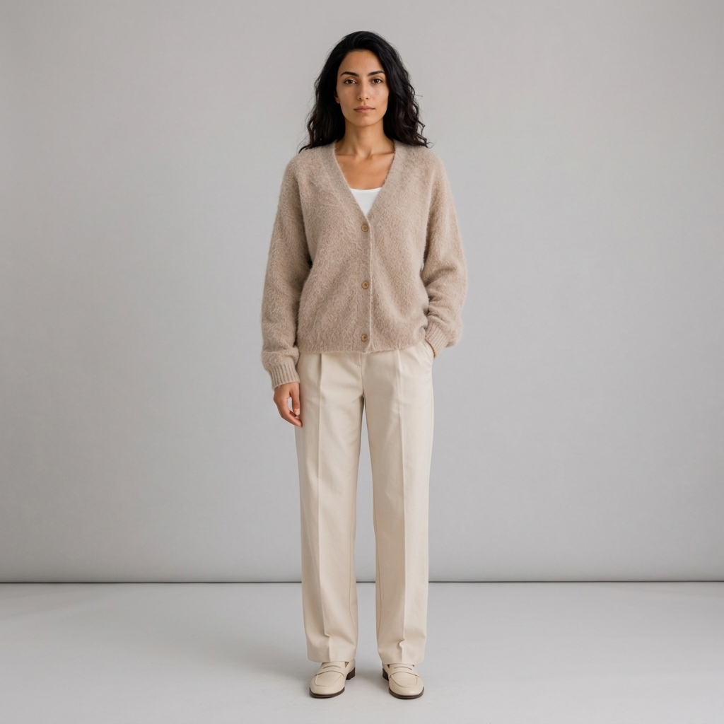 Woman wearing a beige fluffy knit V-neck button cardigan with cream trousers, front view