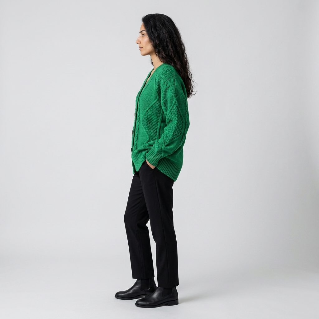 Woman wearing a green chunky cable knit button-front cardigan, side view