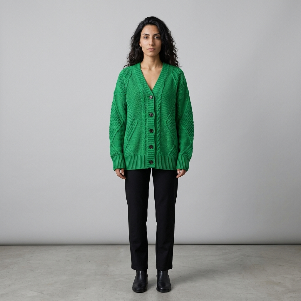 Woman wearing a green chunky cable knit button-front cardigan with black trousers, front view