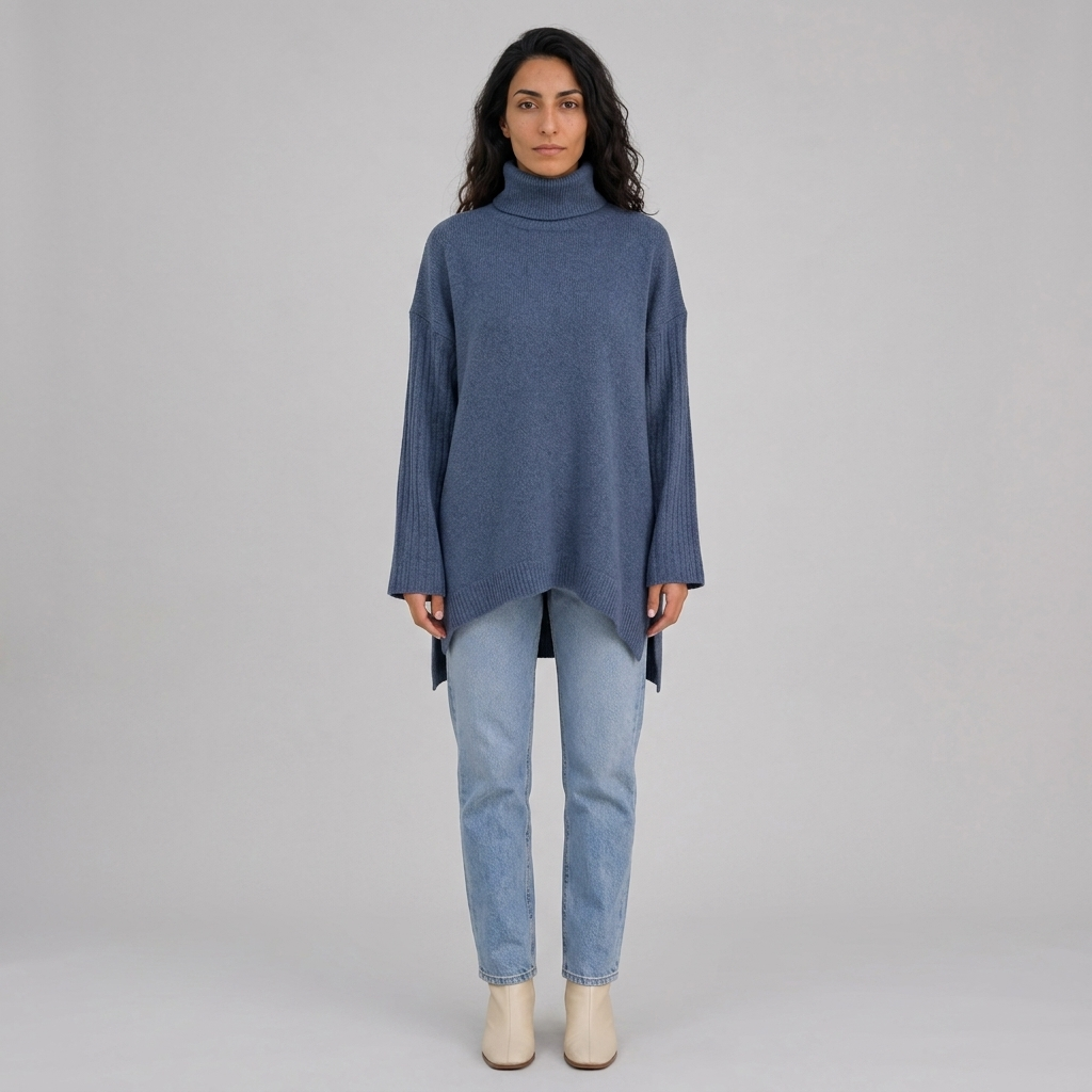 Woman wearing a slate blue oversized roll neck jumper with light blue jeans, front view