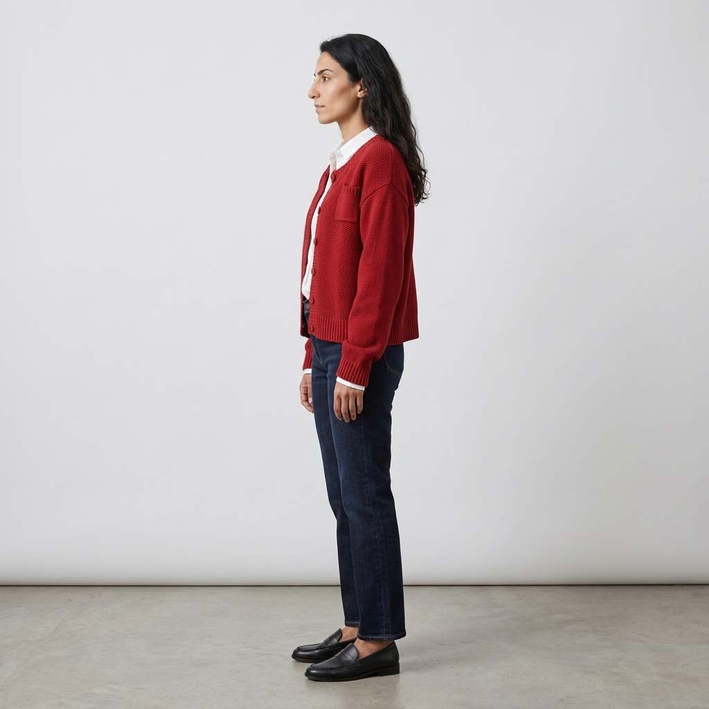Woman wearing a red chunky knit button-front cardigan over a white shirt, side view