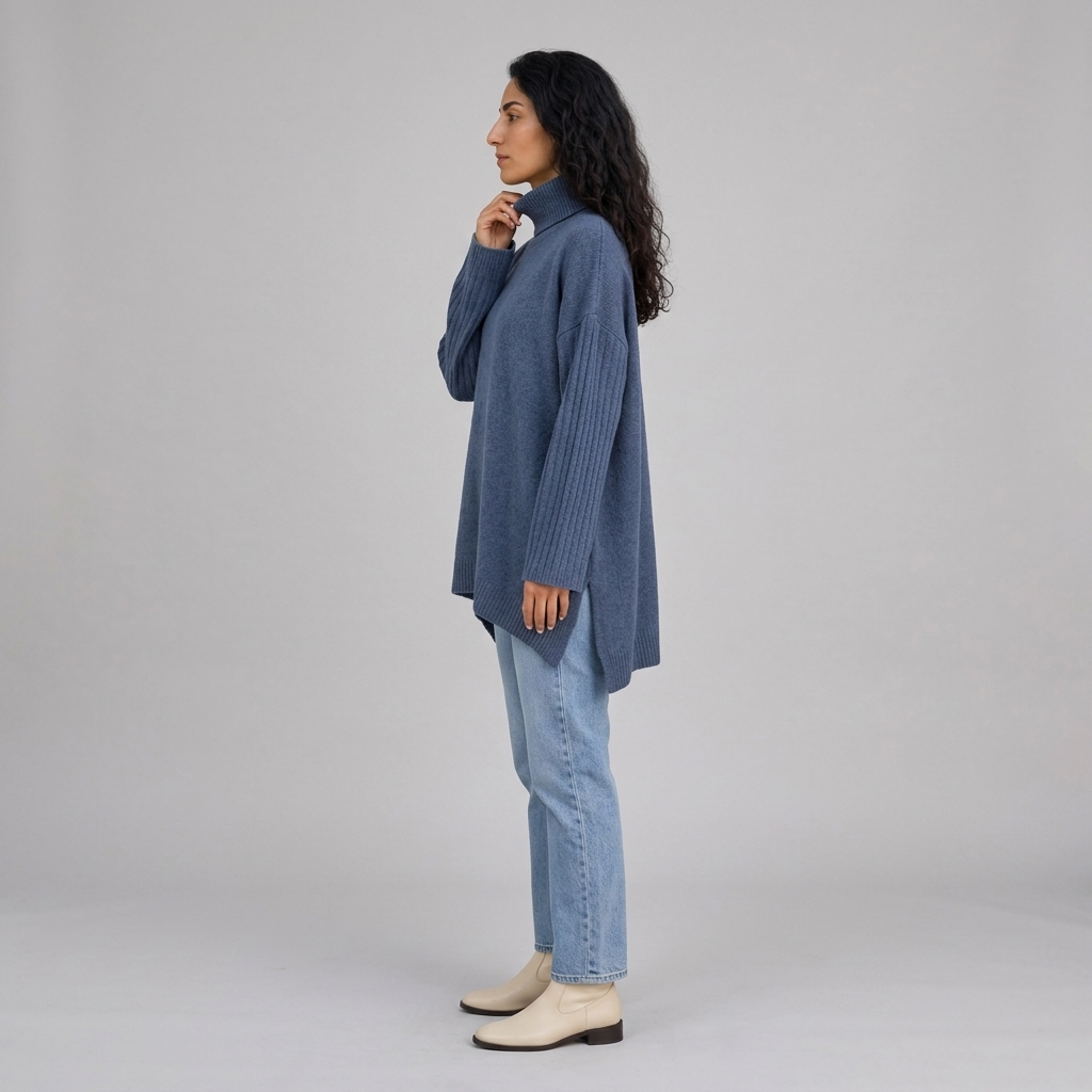 Woman wearing a slate blue oversized roll neck jumper, side view