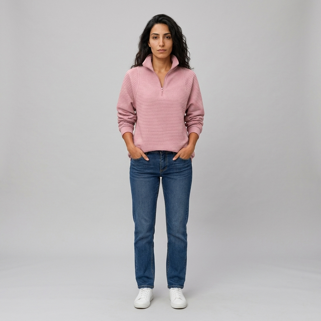 Woman wearing a pink ribbed half zip pullover with blue jeans, front view