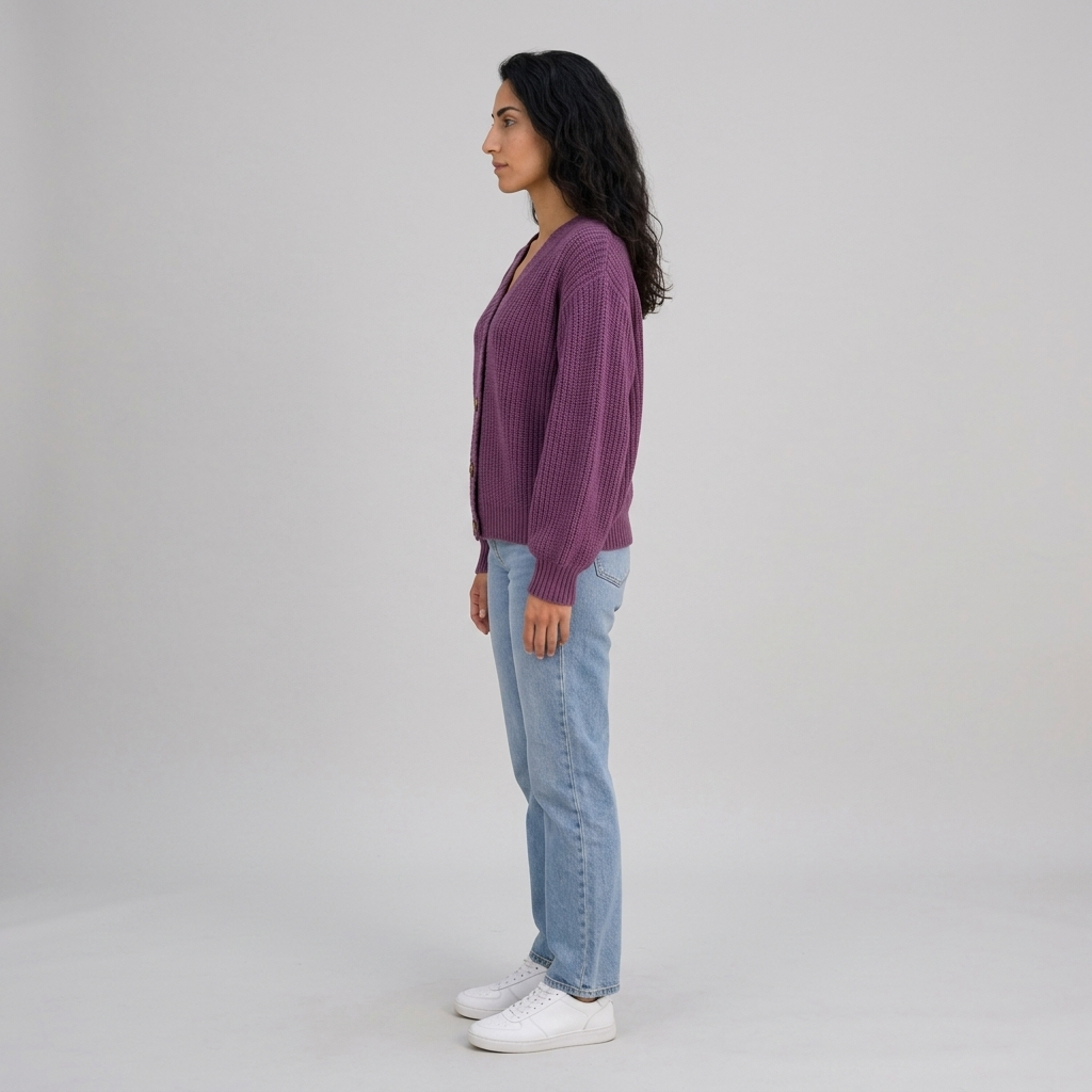 Woman wearing a purple chunky ribbed V-neck button cardigan, side view