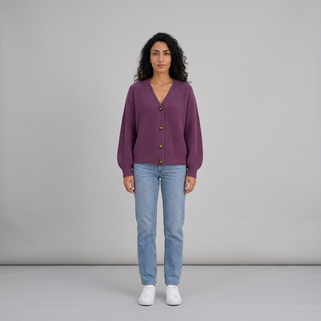 Woman wearing a purple chunky ribbed V-neck button cardigan with light blue jeans, front view