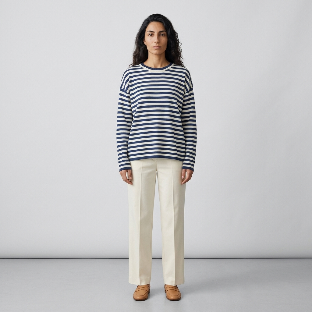 Woman wearing a navy and white striped knit crew neck jumper with cream trousers, front view