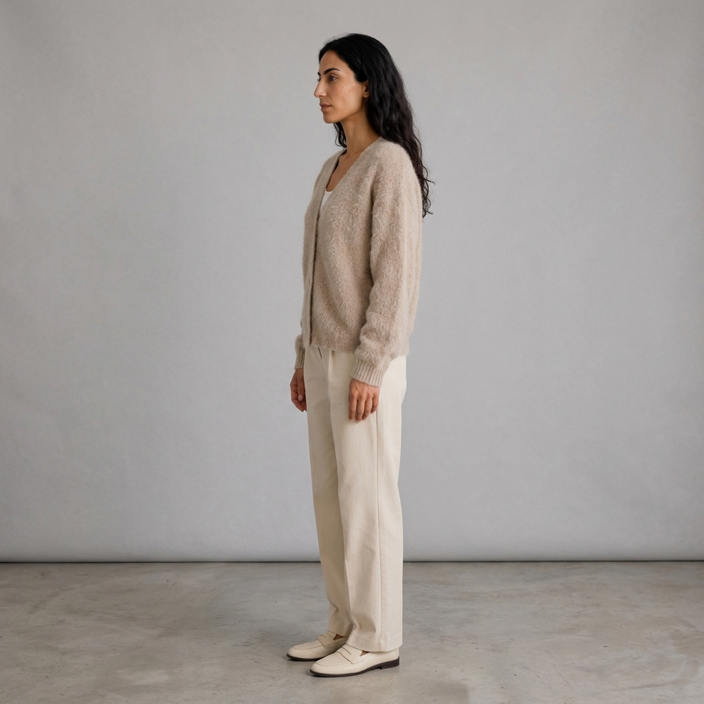 Woman wearing a beige fluffy knit V-neck button cardigan, side view