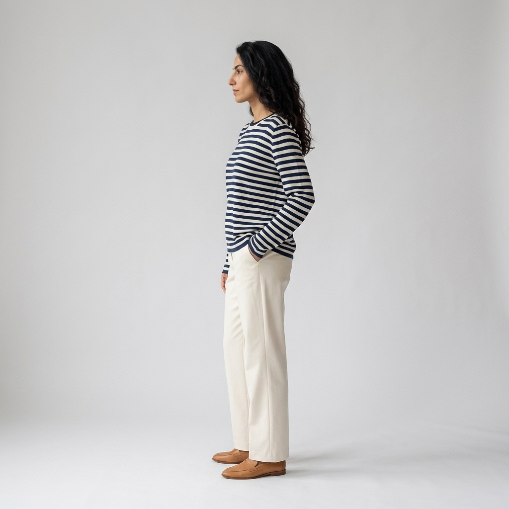 Woman wearing a navy and white striped knit crew neck jumper, side view