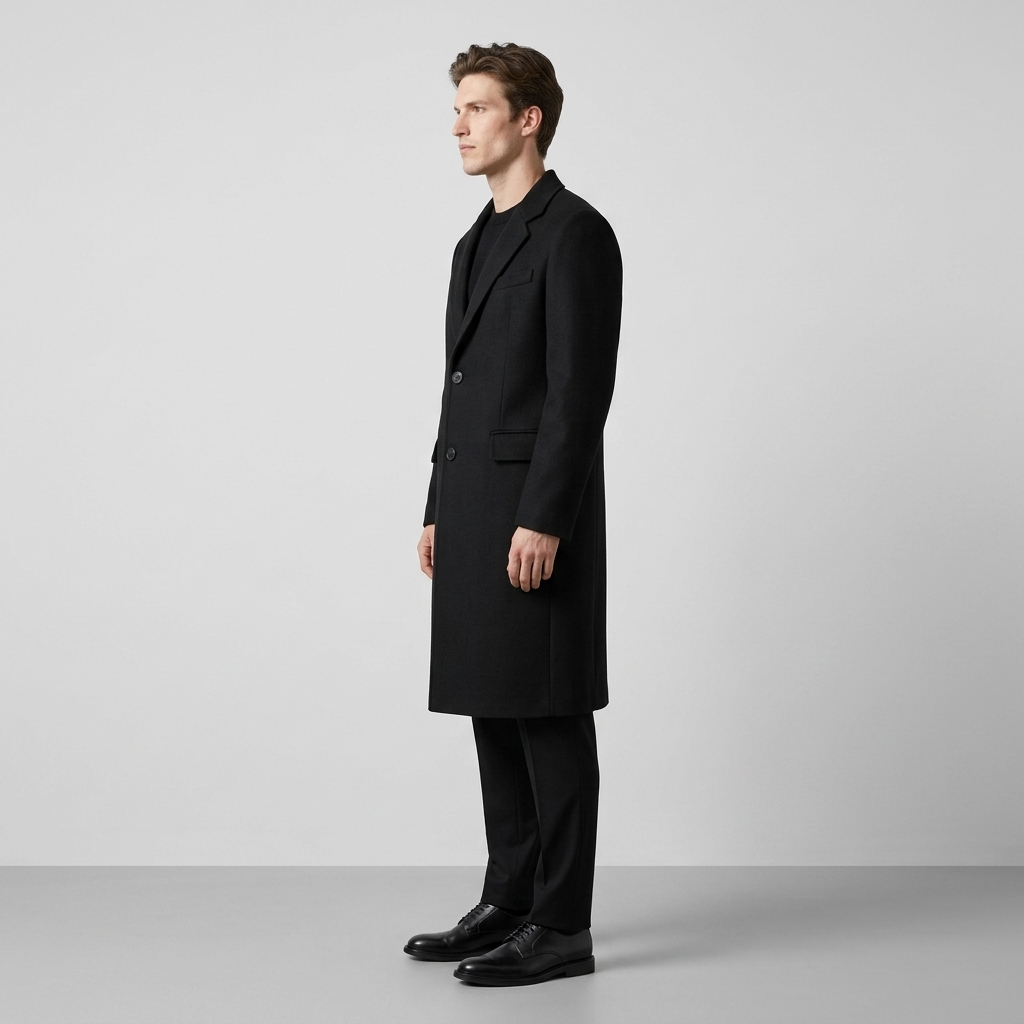 Man wearing a long black single breasted wool overcoat, side view