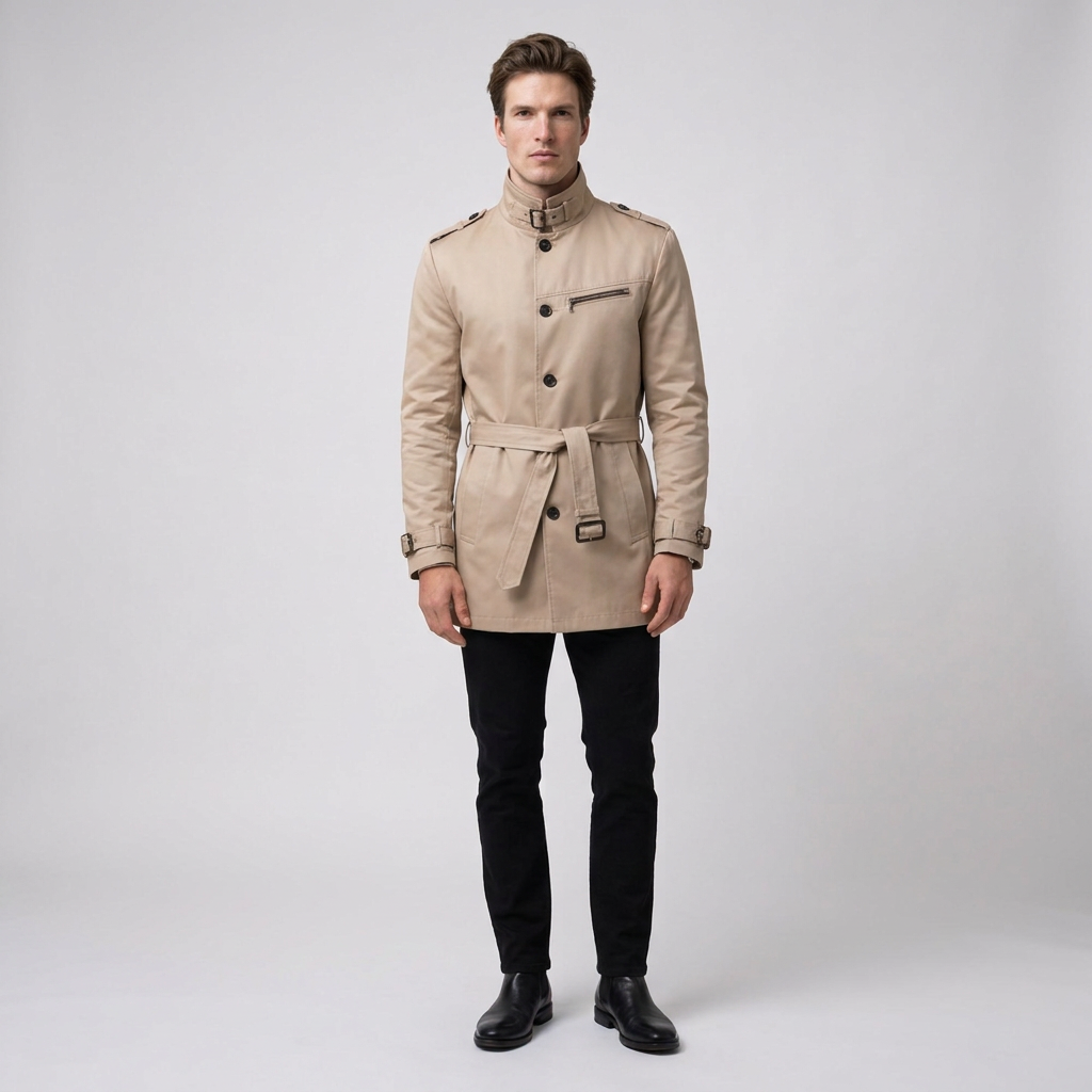 Man wearing a beige belted trench coat with a stand collar and black trousers, front view