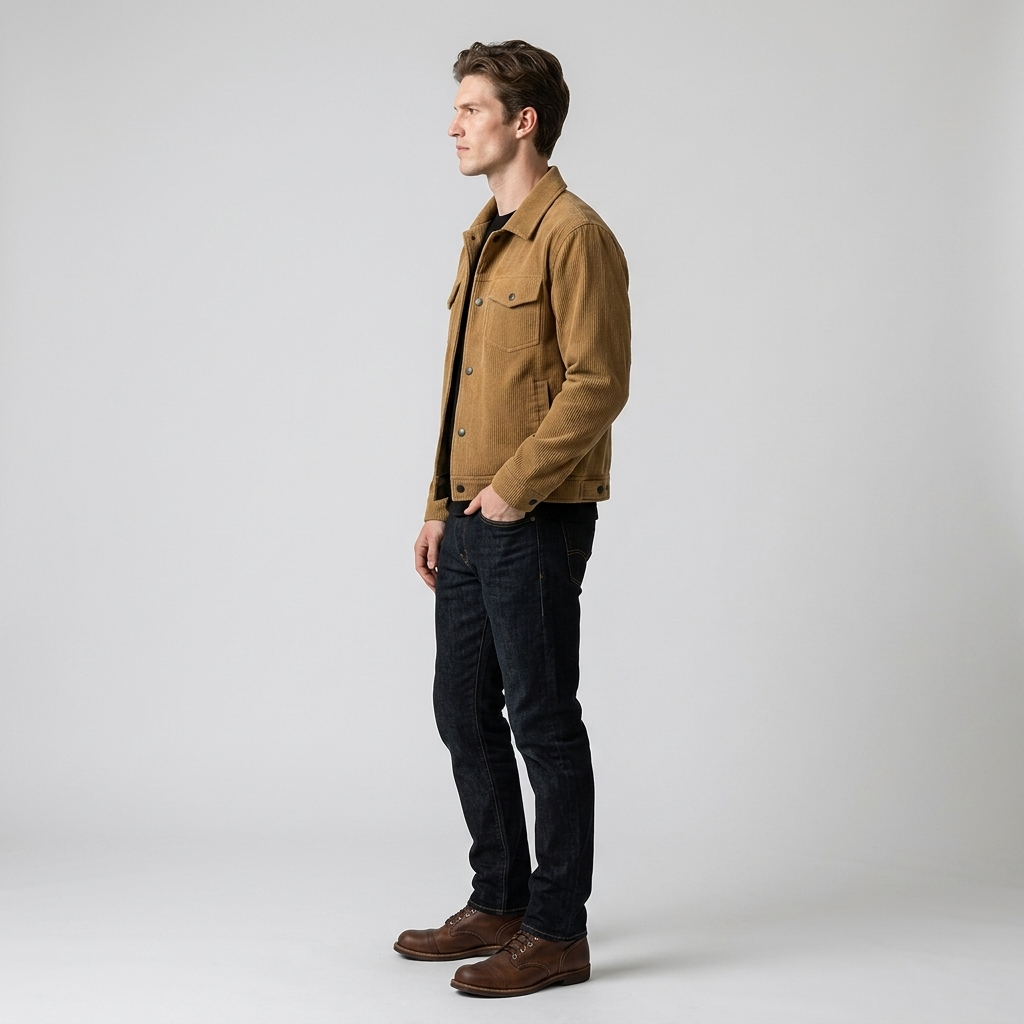 Man wearing a tan corduroy trucker jacket, side view