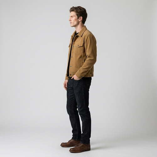 Man wearing a tan corduroy trucker jacket, side view