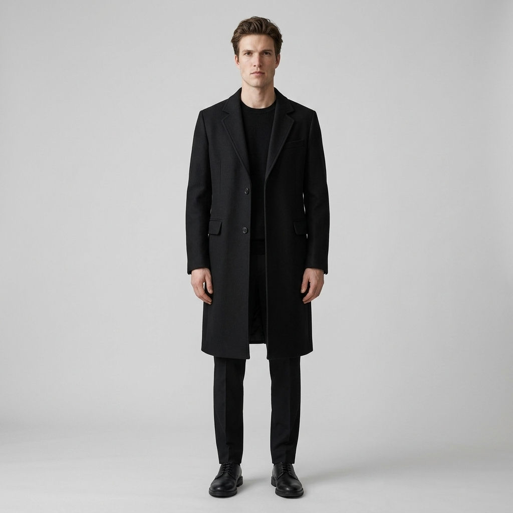Man wearing a long black single breasted wool overcoat, front view