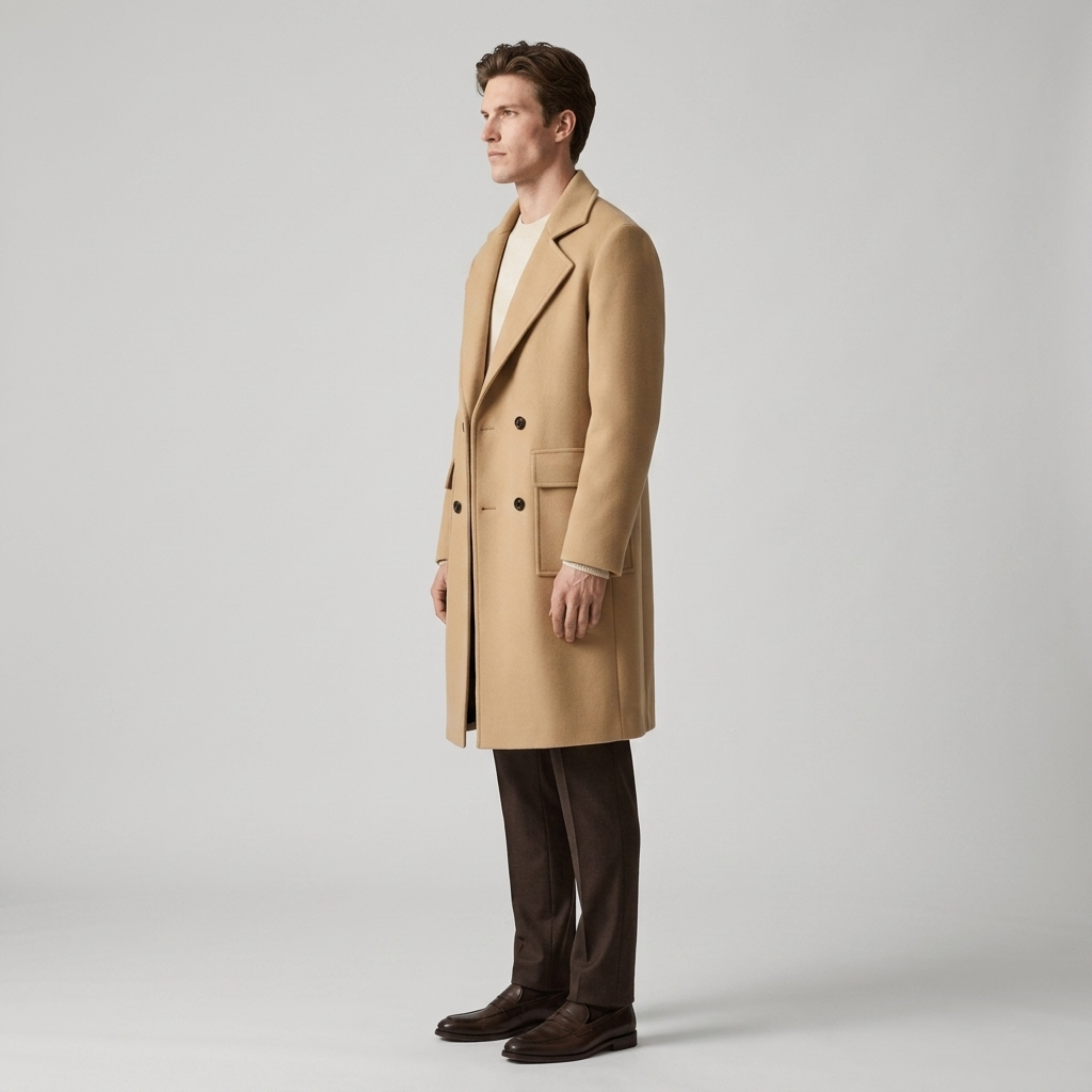 Man wearing a camel double breasted wool overcoat, side view