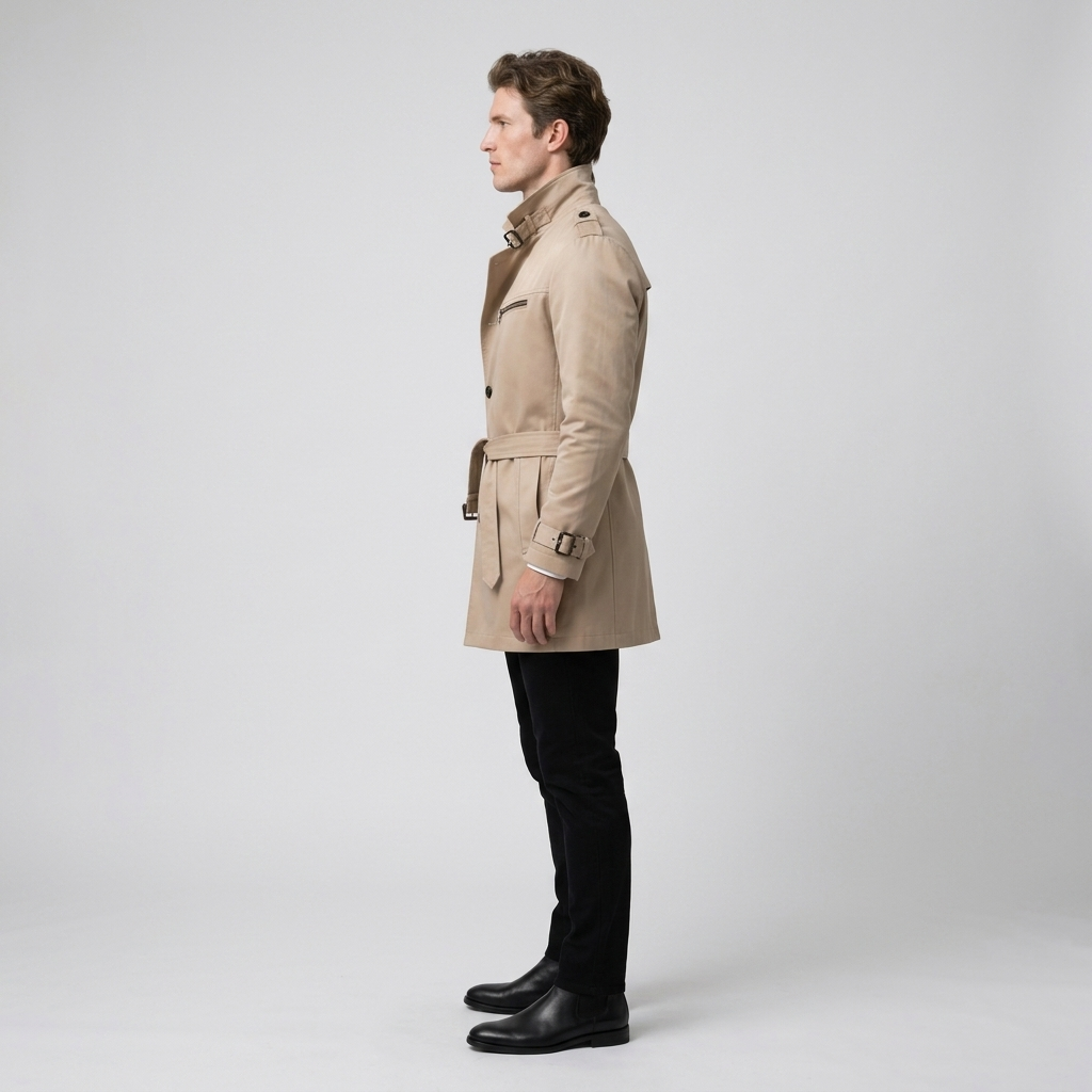 Man wearing a beige belted trench coat with a stand collar, side view