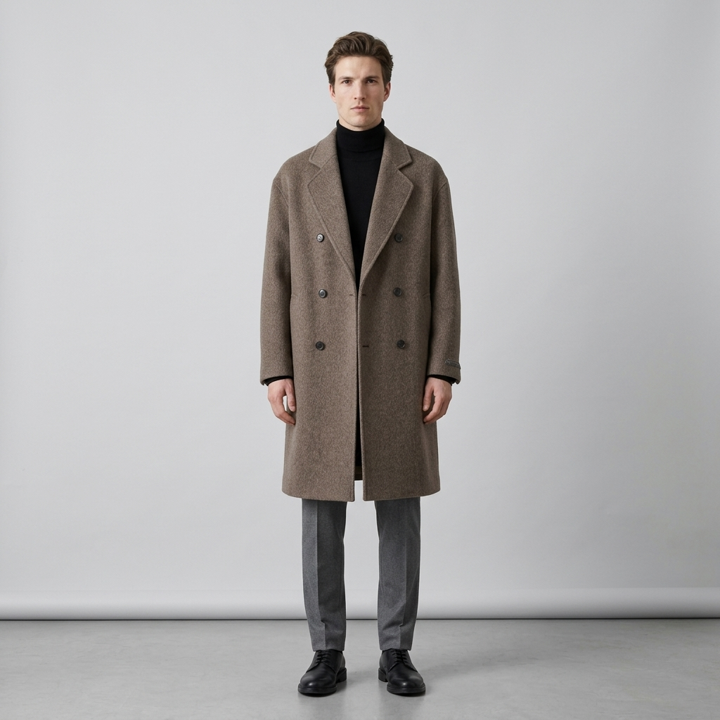 Man wearing a taupe brown double breasted wool overcoat with grey trousers, front view