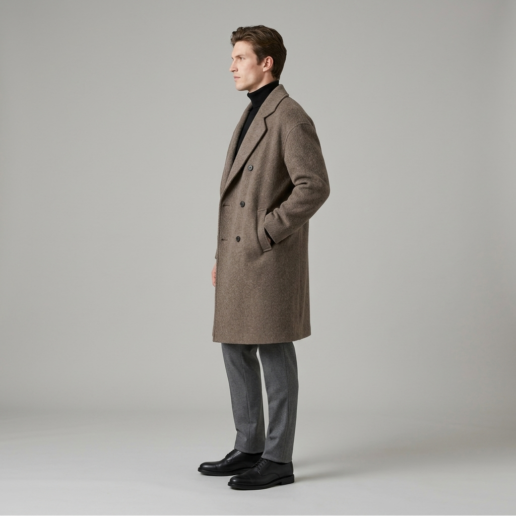 Man wearing a taupe brown double breasted wool overcoat, side view