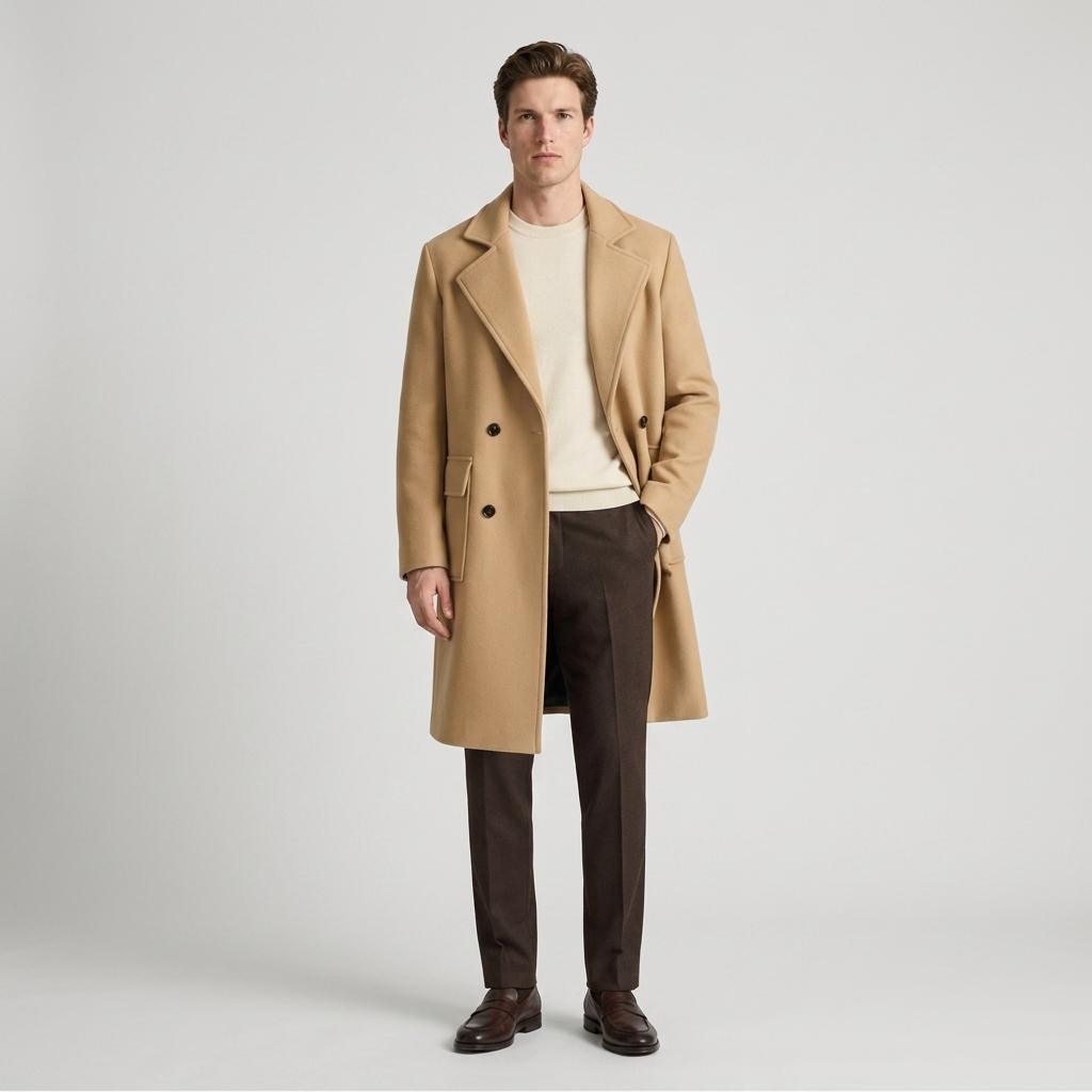Man wearing a camel double breasted wool overcoat with patch pockets, front view