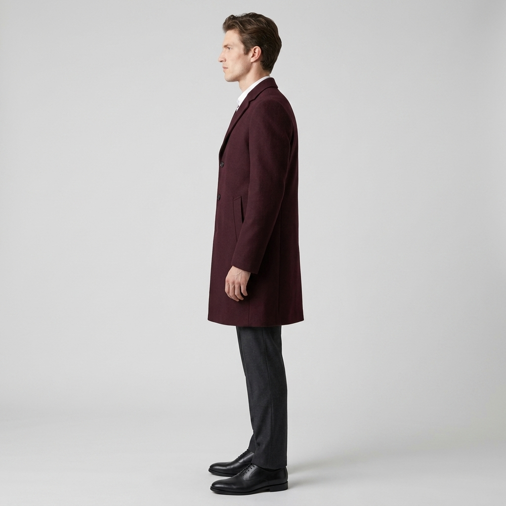 Man wearing a burgundy single breasted wool overcoat, side view