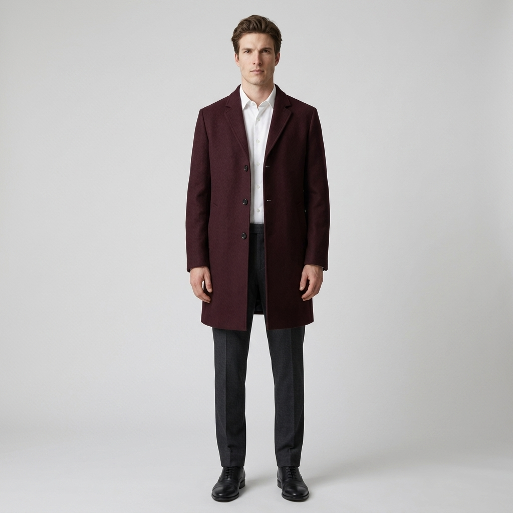 Man wearing a burgundy single breasted wool overcoat over a white shirt, front view