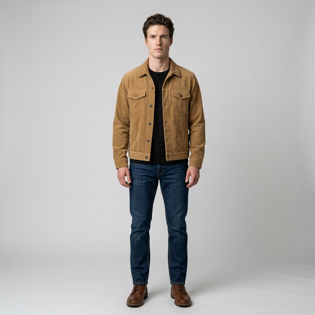 Man wearing a tan corduroy trucker jacket with dark jeans, front view