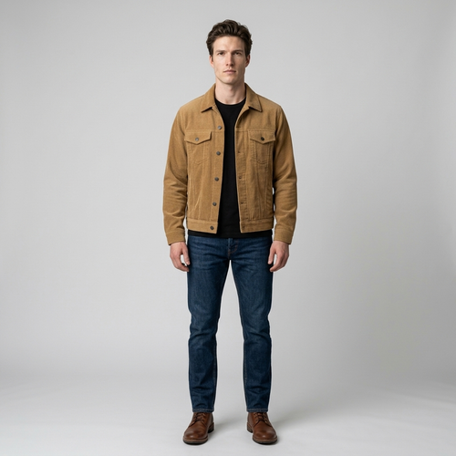 Man wearing a tan corduroy trucker jacket with dark jeans, front view