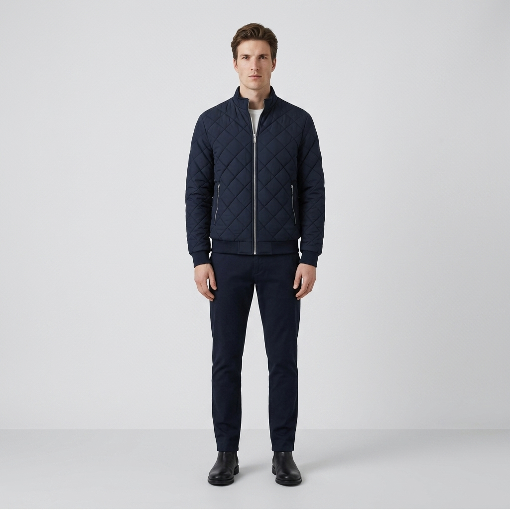 Man wearing a navy diamond quilted bomber jacket, front view