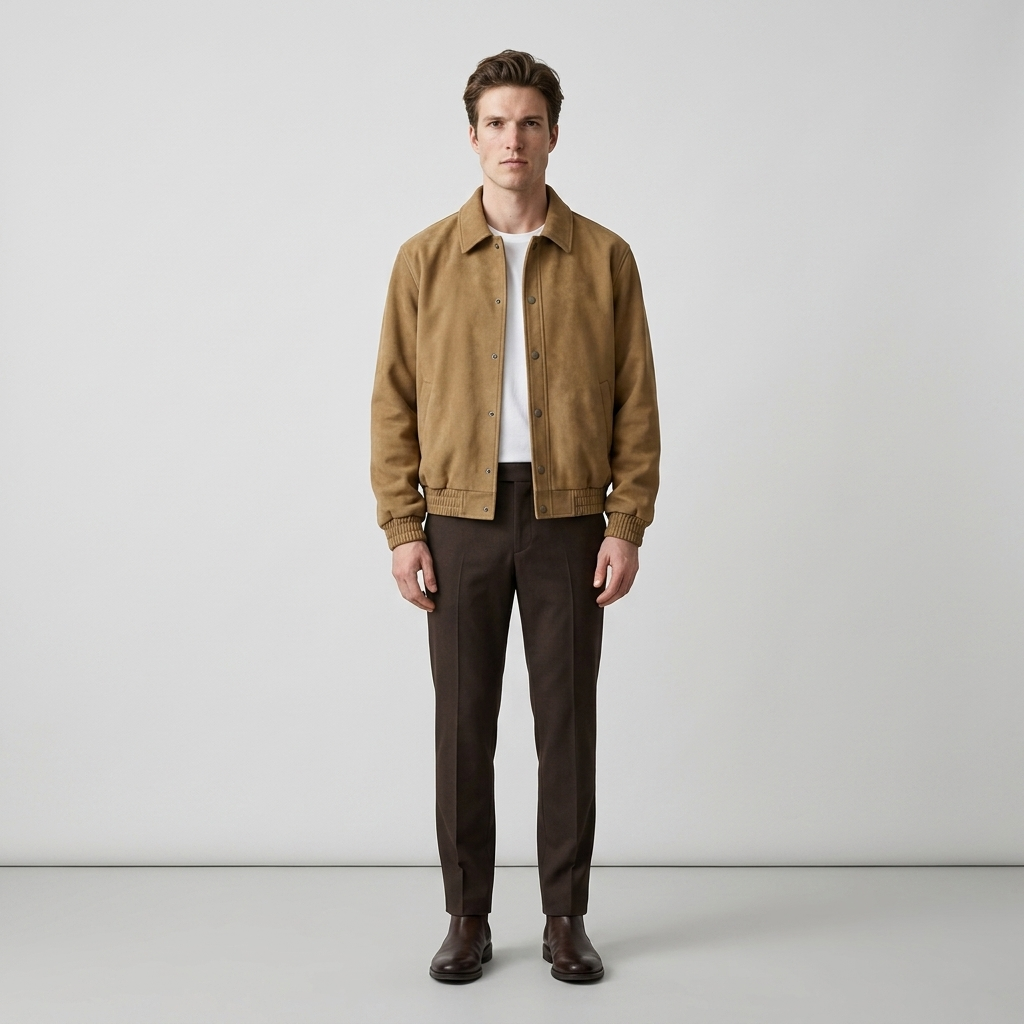 Man wearing a tan suede blouson jacket with brown trousers, front view