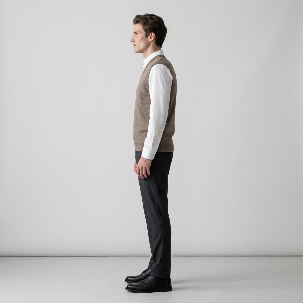 Man wearing a taupe sleeveless merino knit vest over a white shirt, side view