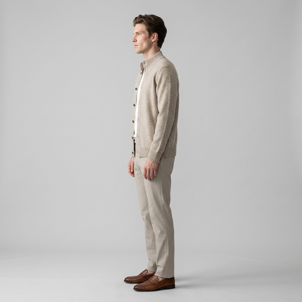 Man wearing an oatmeal flecked wool knit cardigan jacket, side view