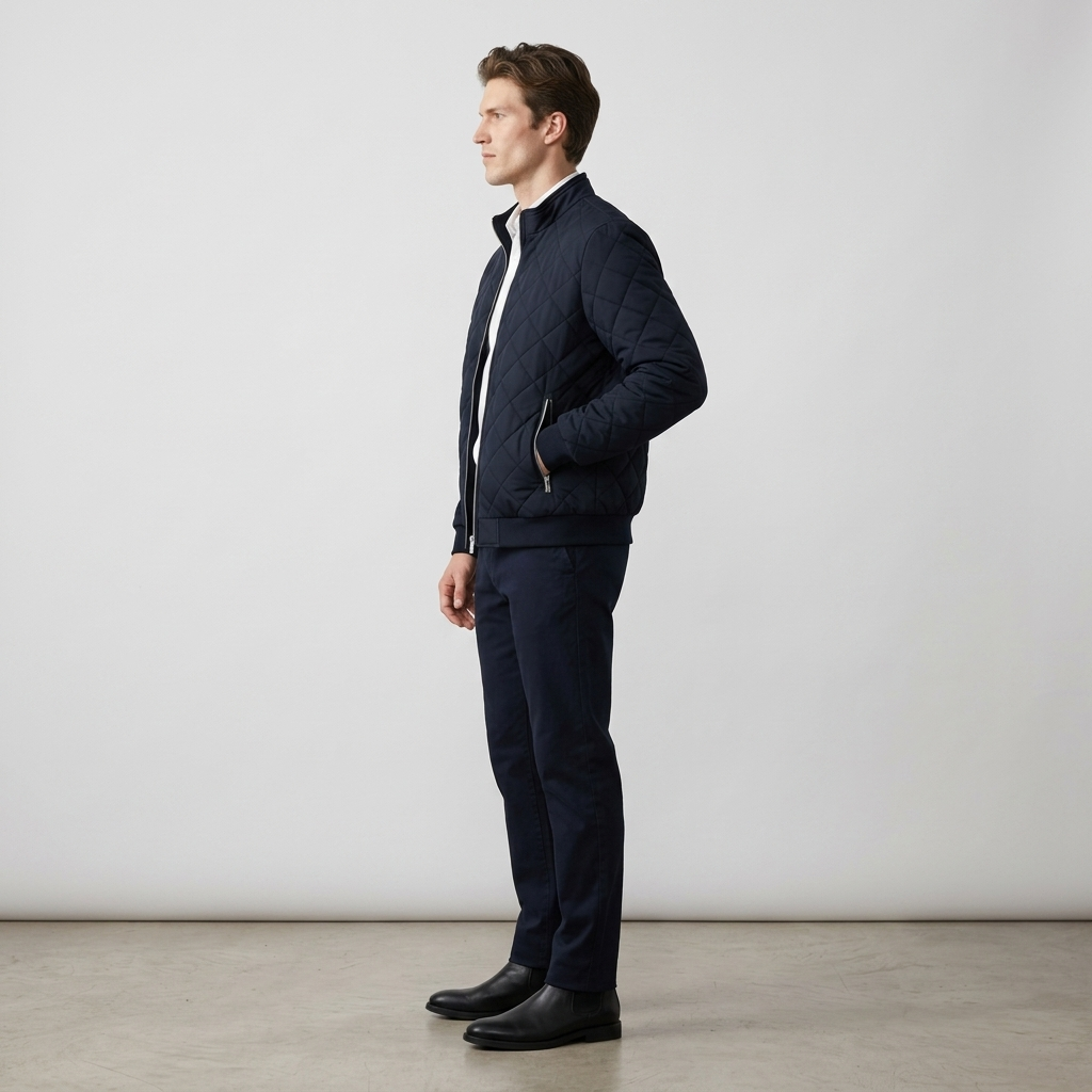 Man wearing a navy diamond quilted bomber jacket, side view